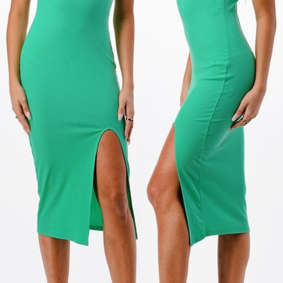 NWOT Sweetheart V Neck Ribbed Knit Side Slit Bodycon Midi Tank Dress Bubble Mint - Picture 5 of 8